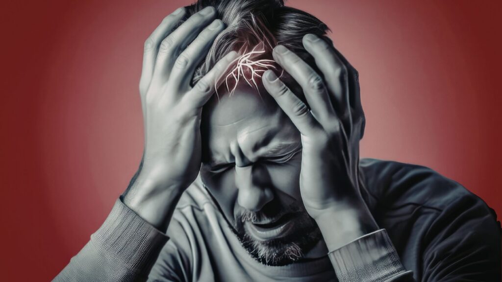 A man clutches his head in pain, eyes closed, as white lightning-like lines symbolize a headache. The background is a tense red, conveying stress.