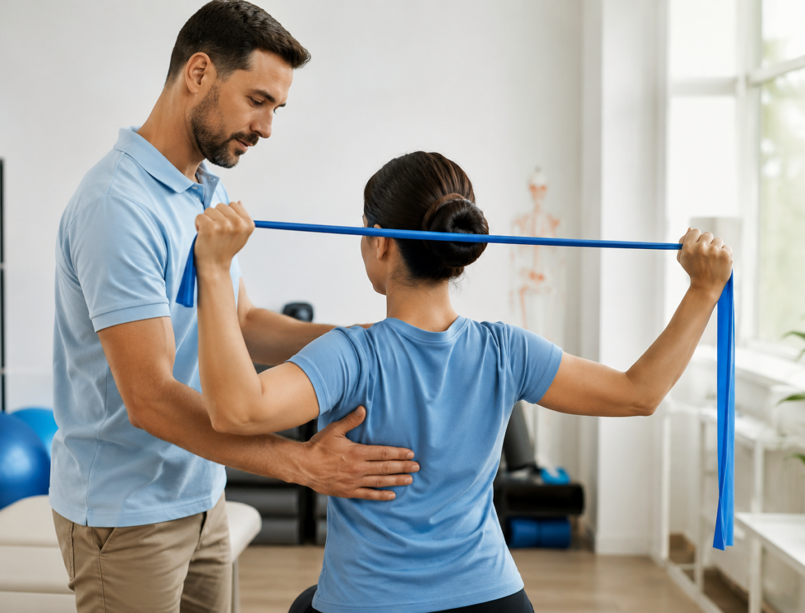 Therapist assisting with shoulder stretch
