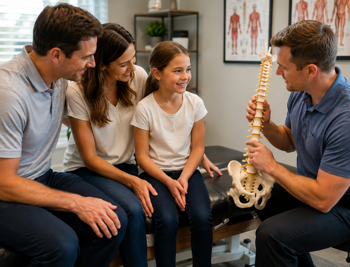 Chiropractor evaluating a family during a chiropractic wellness visit at Boardman Family Chiropractic