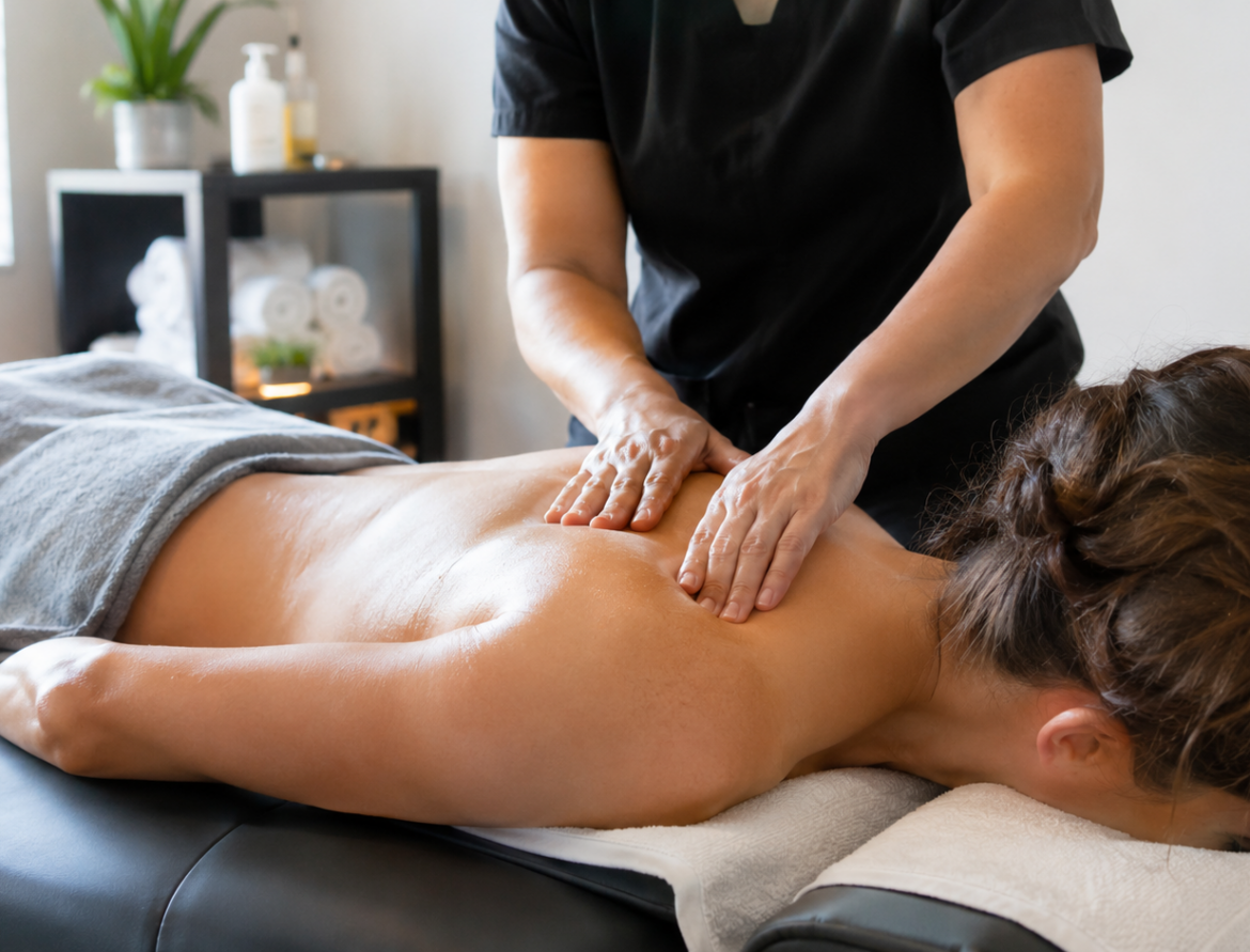 Patient receiving massage therapy for muscle tension after an auto accident